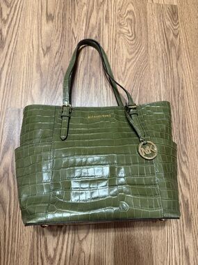 Michael Kors Olive Croc-Embossed Tote with MK Charm